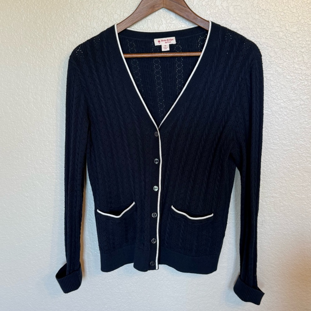 Brooks Brothers Red Fleece Navy Cardigan with Ivory Stripes, M
